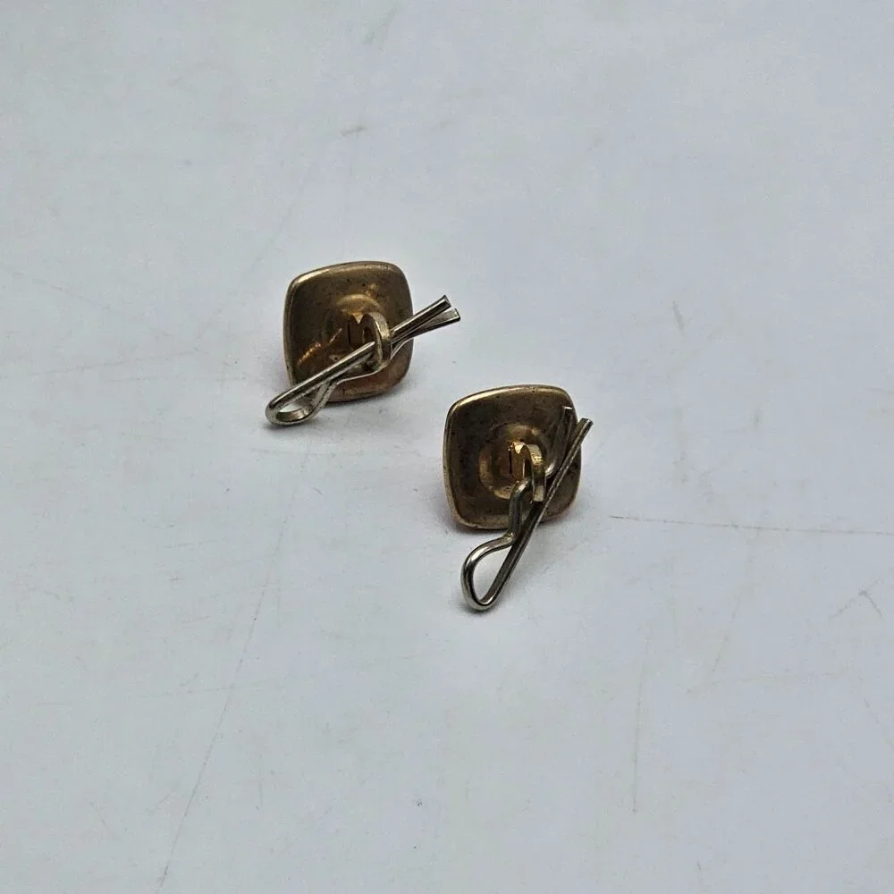 Vintage Square Pink Lucite Cabochon Clip-On Earrings Gold Tone Art Deco